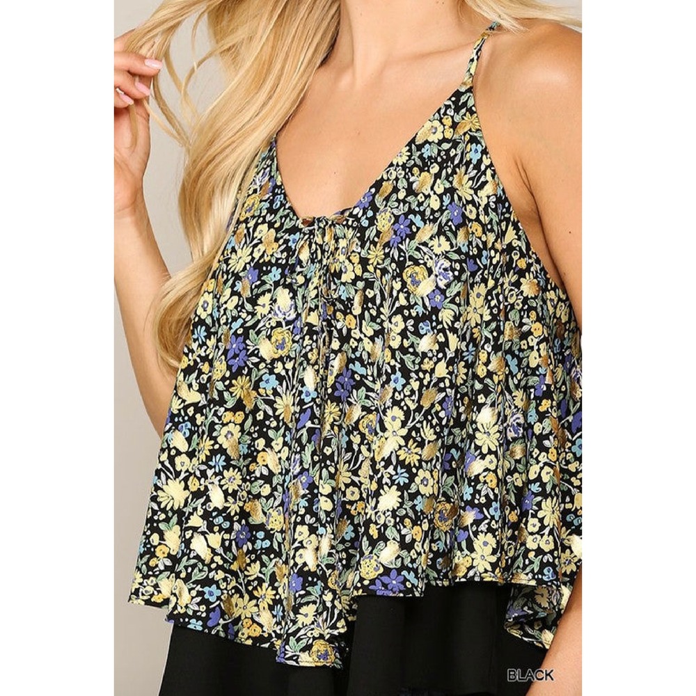 GIGIO USA‎ Camisole Women Medium Black Gold Floral Metallic Tiered Layered Top